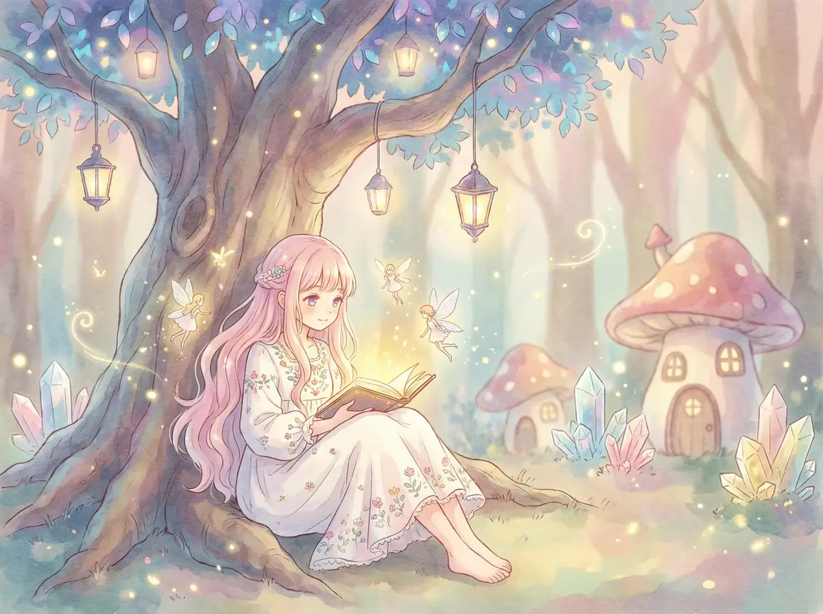 品色永远的免费论坛 - 魔法森林中阅读故事书的粉发少女与精灵